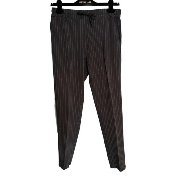 Made In Italy Black Pinstripe Elastic Waist Drawstring Pleated Pants No Size Tag - Picture 1 of 9